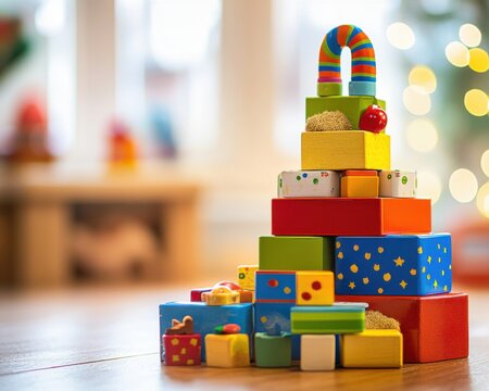 Colorful block pyramid, with blurred space for text, celebrating Safe Toys Month
