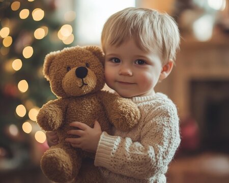 Little boy hugging a teddy bear, showcasing love and safety during Safe Toys and Gifts Month