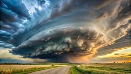 Low angle view of a supercell thunderstorm with tornado warning, perfect for storm chasing photography