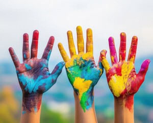 Several raised hands covered in colorful paint, symbolizing unity Universal Human Rights Month