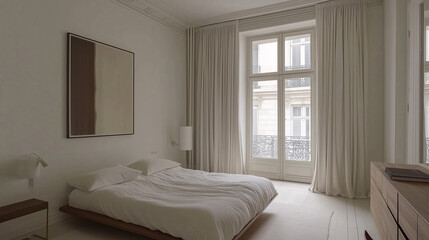 Minimalist bedroom with white walls, a floating wooden shelf, and a single art piece, creating a serene and clean look