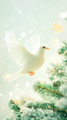 Serene White Dove Flying Near Snow-Covered Christmas Tree Branches - Symbol of Peace and Christian Festivity
