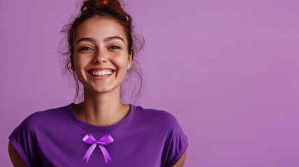National Cancer Survivors Day. Portrait of a cancer survivor smiling wearing a purple ribbon on their shirt placed on a soft lavender background
