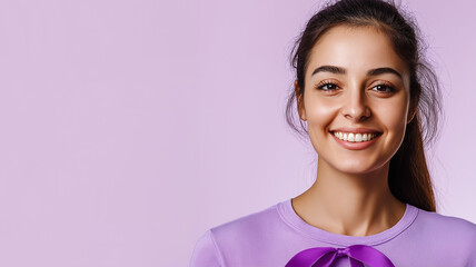 National Cancer Survivors Day. Portrait of a cancer survivor smiling wearing a purple ribbon on their shirt placed on a soft lavender background