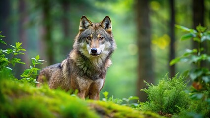 Fototapeta premium Wild European wolf Canis lupus lupus in lush green forest reflecting in water