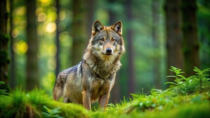 Fototapeta premium Wild european wolf in green forest
