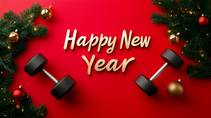 Festive Fitness Goals Concept with Dumbbells and Happy New Year Message on Red Background with Christmas Decorations