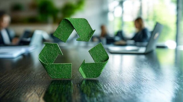 A symbolic image featuring a green recycling logo, emphasizing sustainability and eco-friendly practices in a business environment.	