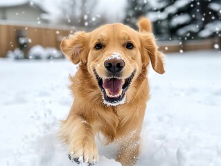 A golden retriever joyfully running through the snow with a big smile, snowflakes falling around, capturing a playful winter moment