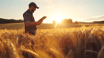 A Committed Agronomist Evaluating Wheat Crop Health During the Enchanting Moments of Dawn