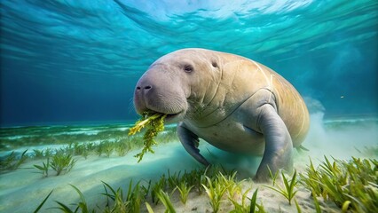 Underwater photo of a dugong feeding on seagrass, also known as a sea cow