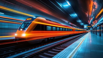 A vibrant train in motion at a modern underground station.