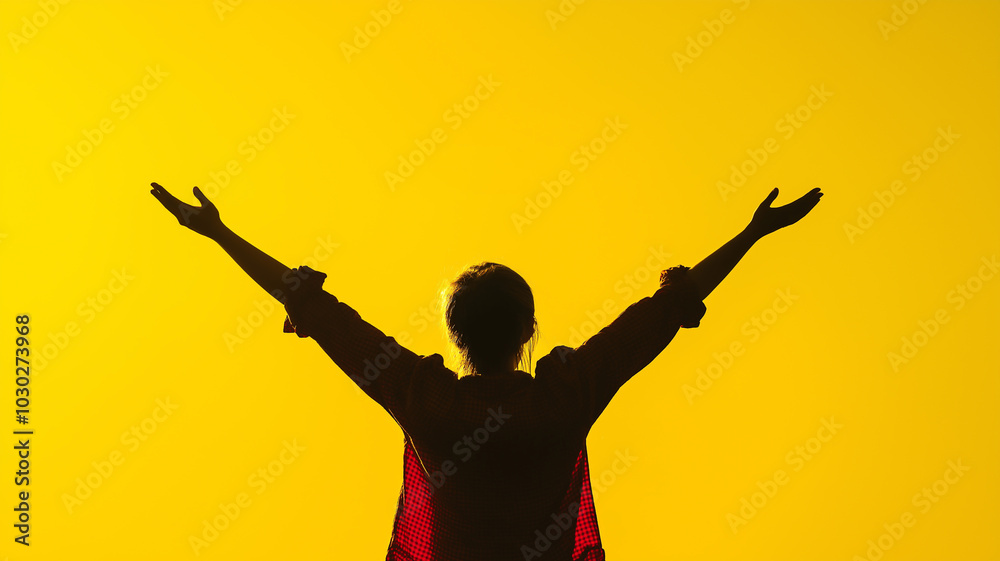 Wall mural summer solstice. photograph of a person enjoying a sunny day, arms wide open under a clear sky, plac