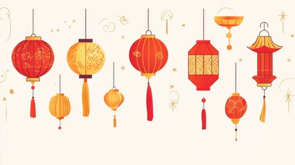Festive pattern of Chinese lanterns in various shapes and colors, surrounded by stars and swirls for a cozy holiday look. Christmas