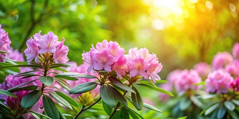 Obraz premium Low angle view of blooming Rhododendron flowers and green leaves in springtime