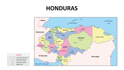 honduras Map. State and union territories of honduras with neighbouring countries. Political map of honduras with capital and important cities in Detailed.