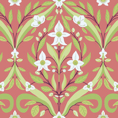 Springtime Floral Damask,a delicate and feminine floral damask pattern featuring white daffodils and graceful green vines against a soft pink background.