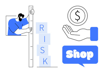 Man measuring blocks labeled RISK with a tall ruler, along with a hand holding a dollar sign and a Shop symbol. Ideal for financial management, business risk assessment, e-commerce, investment