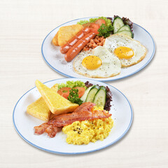 big breakfast egg sausage ham salmon toast cherry tomato vegan salad mushroom soup in white bg western banquet halal healthy food restaurant appetiser snack cafe menu set combo crop design