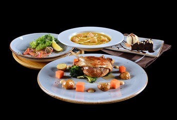 delicious grilled fresh chicken chop beef steak fish fillet seafood meat brown black pepper sauce salad in white plate on brown background premium western cafe halal food menu for restaurant set combo
