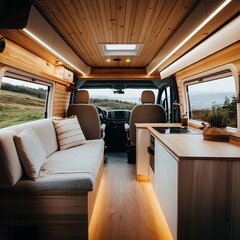 Naklejka premium A stylish van interior with natural wood finishes, ambient lighting, a comfortable seating area, and a compact kitchen, designed for an inviting and functional van life experience