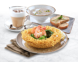 wok fried fu Zhou braised ee fu noodle bee hoon longevity noodle mee fried rice with seafood mushroom prawn egg meat on wood table asian chinese halal food menu for restaurant set combo