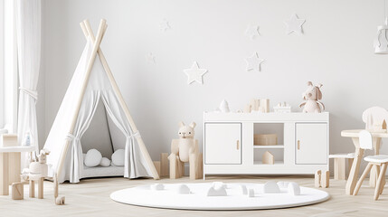 Minimalist children's playroom with soft foam floor mats, a white storage cabinet, and simple wall decals for decoration
