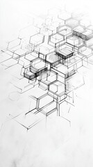 Geometric abstract drawing of interconnected hexagons with layered depth.