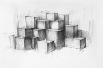 Abstract sketch of stacked cubes with rough pencil shading.