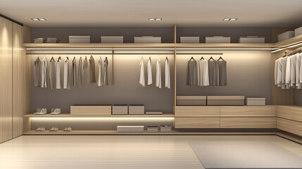 Minimalist closet space with a clean row of neutral, color-coordinated clothing on wooden hangers and sleek open shelving
