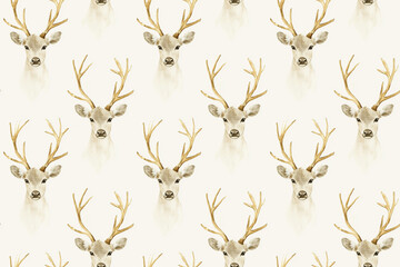 Watercolor deer seamless pattern with neutral tones, on a cream background, for wallpapers and paper gift packaging.