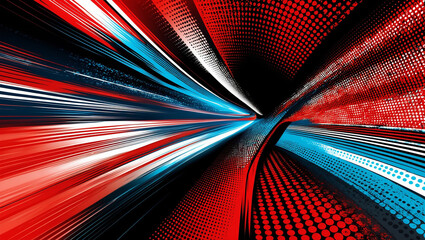 An energetic abstract background showcasing a halftone pattern with a gradient transition from red to black, blue, and white. The dotted textures create a modern, vibrant feel.