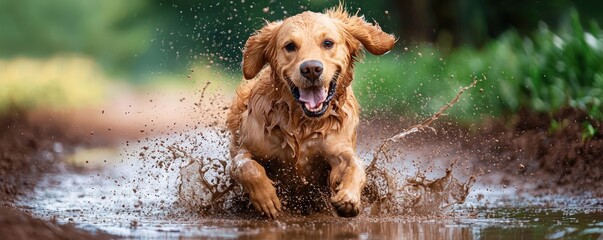 Golden retriever joyously splashes through a muddy puddle outdoors
