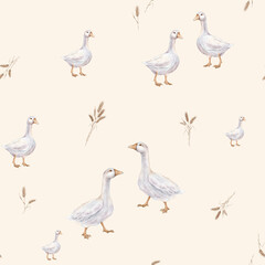 Watercolor seamless pattern with goose farm bird and ears of wheat. Tender illustration on a isolated on background. Repeat wallpapers with hand drawn illustration domestic birds and autumn harvest. © Ekatmart