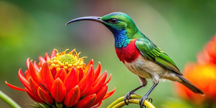 Wild sunbird next to red flower