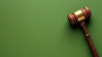 A wooden gavel on a green background.