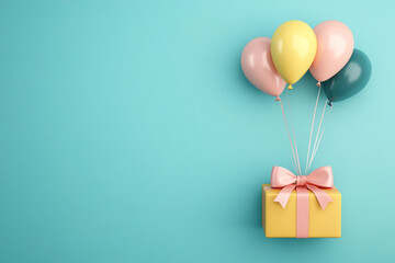 pastel birthday background featuring gift box adorned with pink bow and colorful balloons. This cheerful scene evokes sense of celebration and joy