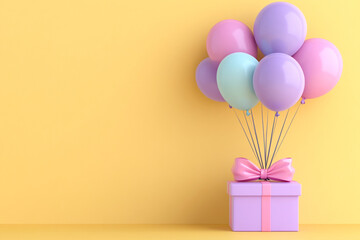 Colorful pastel birthday background featuring gift box adorned with pink bow and surrounded by vibrant balloons. This cheerful scene evokes sense of celebration and joy