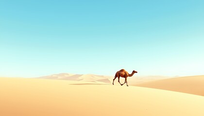 Solitary camel walking across golden sand dunes under a clear blue sky