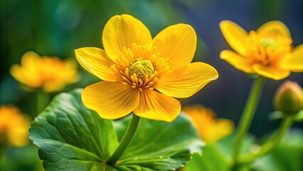 Wildflower commonly known as Marsh Marigold, also called Caltha palustris, shot with wide-angle lens