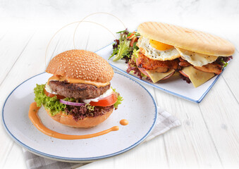 seafood pasta with burger, pizza, salad, breakfast, chicken, curry fish top view group set on white marble table western spaghetti cuisine halal food hotel luxury cafe menu cover design