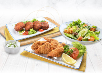 delicious grilled fresh chicken chop beef steak fish fillet seafood meat brown black pepper sauce salad in white plate on brown background premium western cafe halal food menu for restaurant set combo