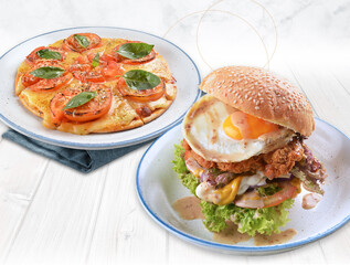 seafood pasta with burger, pizza, salad, breakfast, chicken, curry fish top view group set on white marble table western spaghetti cuisine halal food hotel luxury cafe menu cover design
