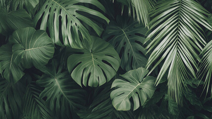 Lush tropical foliage arrangement featuring various green leaves, creating vibrant and serene atmosphere. This image captures beauty of natures greenery