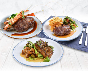 delicious grilled fresh chicken chop beef steak fish fillet seafood meat brown black pepper sauce salad in white plate on brown background premium western cafe halal food menu for restaurant set combo