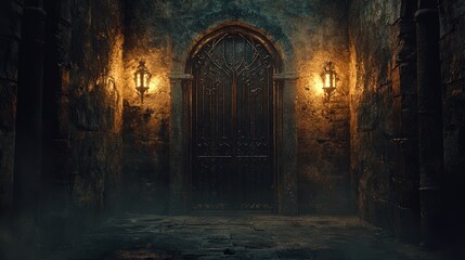 Obraz premium Gothic dungeon door set in a dark medieval atmosphere with ornate ironwork and dim torch lighting
