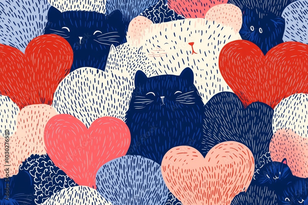 Wall mural a vibrant pattern of cats and hearts in red blue and white creating a bold and playful visual design