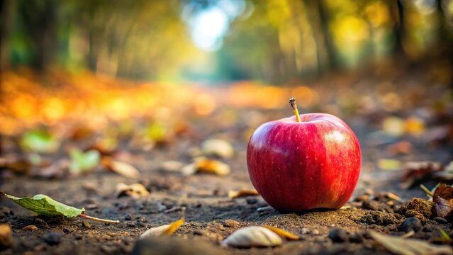 Low angle view of fallen red apple under tree with ripe red apple on the ground