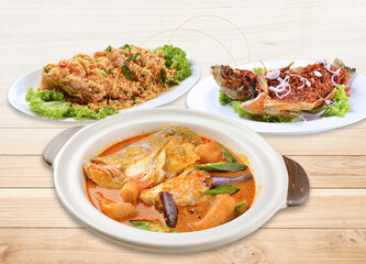 local cook live fresh catfish seafood fish chicken pork meat with spicy red dry chili curry sauce and vegetable rice asian Chinese banquet halal seafood steamboat cafe restaurant menu set combo crop