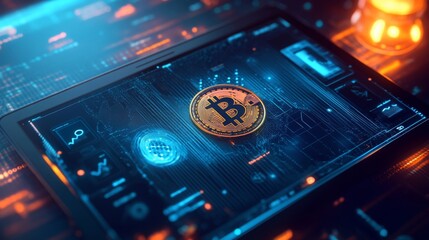 A tablet showcases a prominent Bitcoin symbol, surrounded by glowing digital graphs and data patterns, emphasizing the cryptocurrency's rising significance in modern finance and technology.